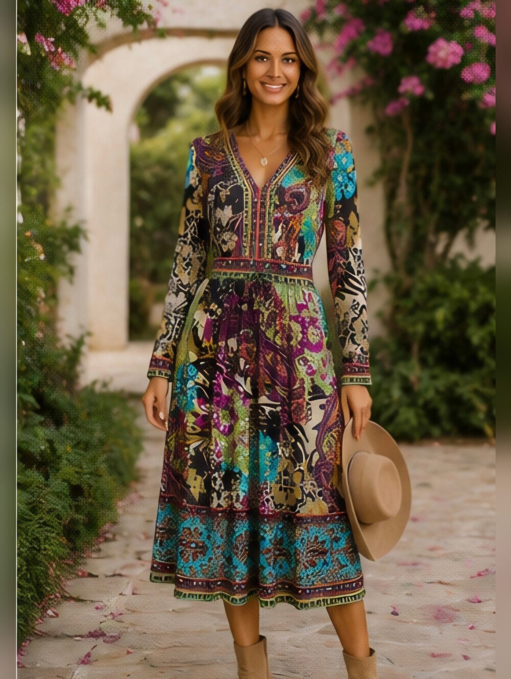 ECI Multicolor Floral Boho Long Sleeve Midi Dress